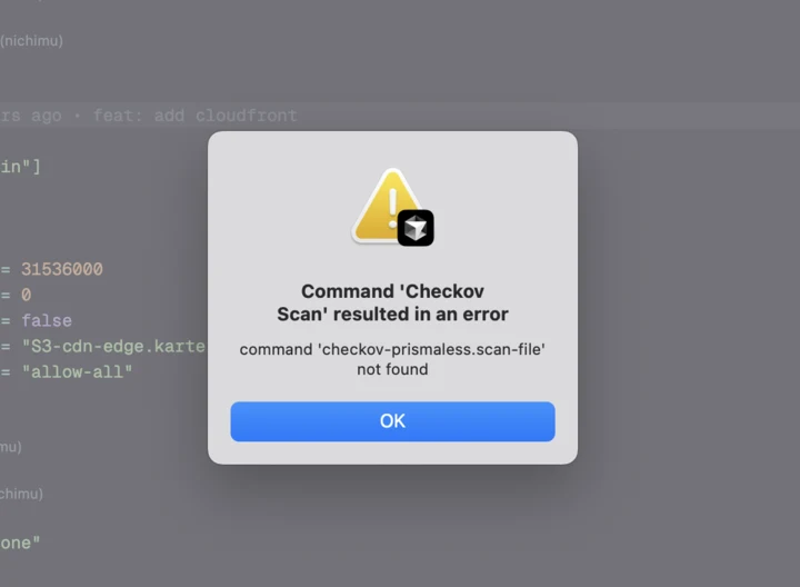 macOSでCheckovコマンドが見つからず、スキャンに失敗したことを示すエラーダイアログ